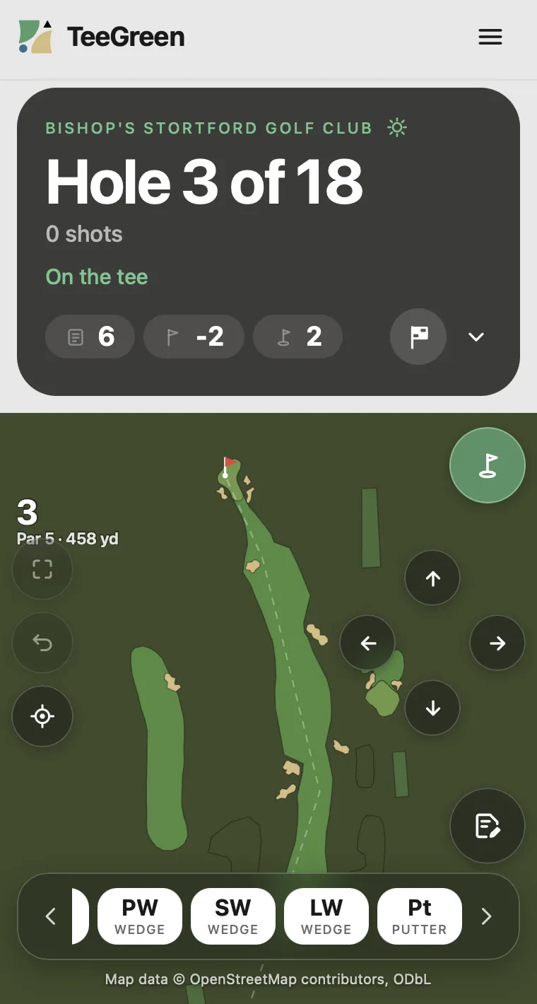 The app on a phone showing hole 3 drawn from map data, with the fairway, the bunkers and the green shaded, and the hole number, its par and its length above.
