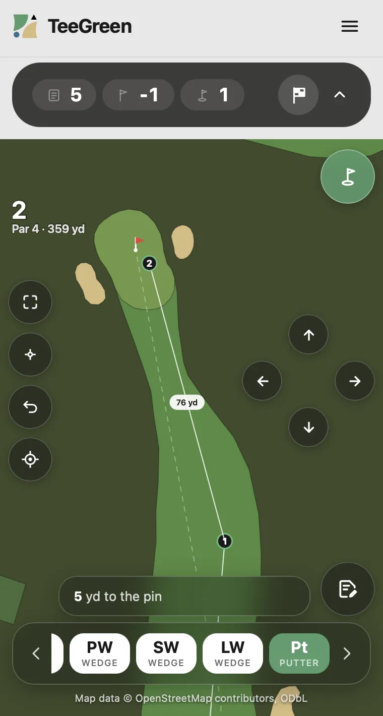 The app on a phone showing a hole drawn from the map, a shot marked along the fairway, the distance to the pin, and a row of clubs across the bottom.