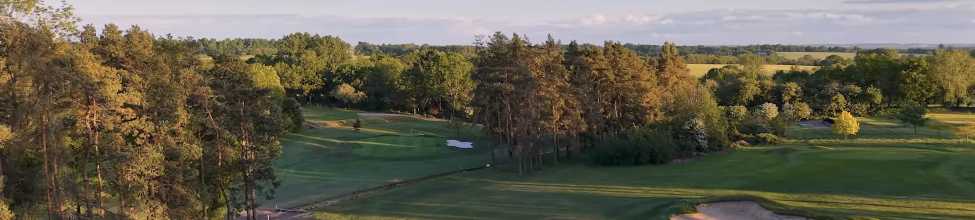 A golf course in evening light, with pines along a fairway and a green beyond.